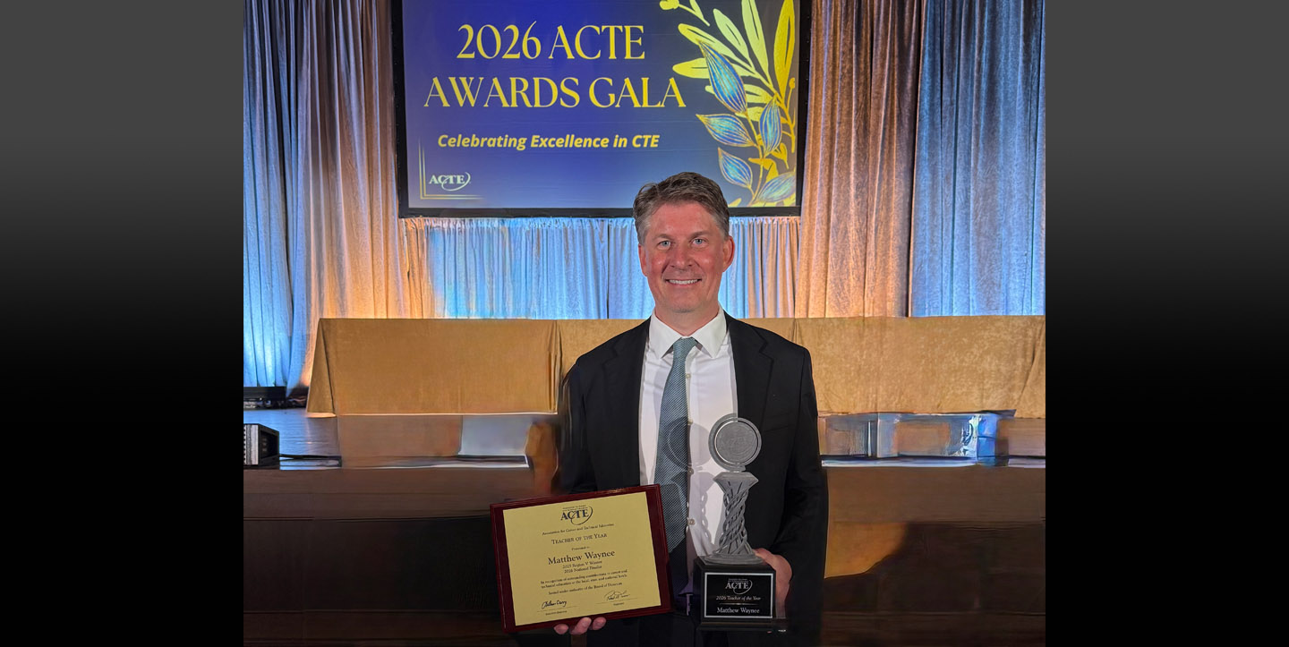 Matthew Waynee, Media Arts and Video Production teacher at 32nd Street USC Media Arts and Engineering Magnet, pictured with his 2026 National Teacher of the Year award from the Association for Career and Technical Education.