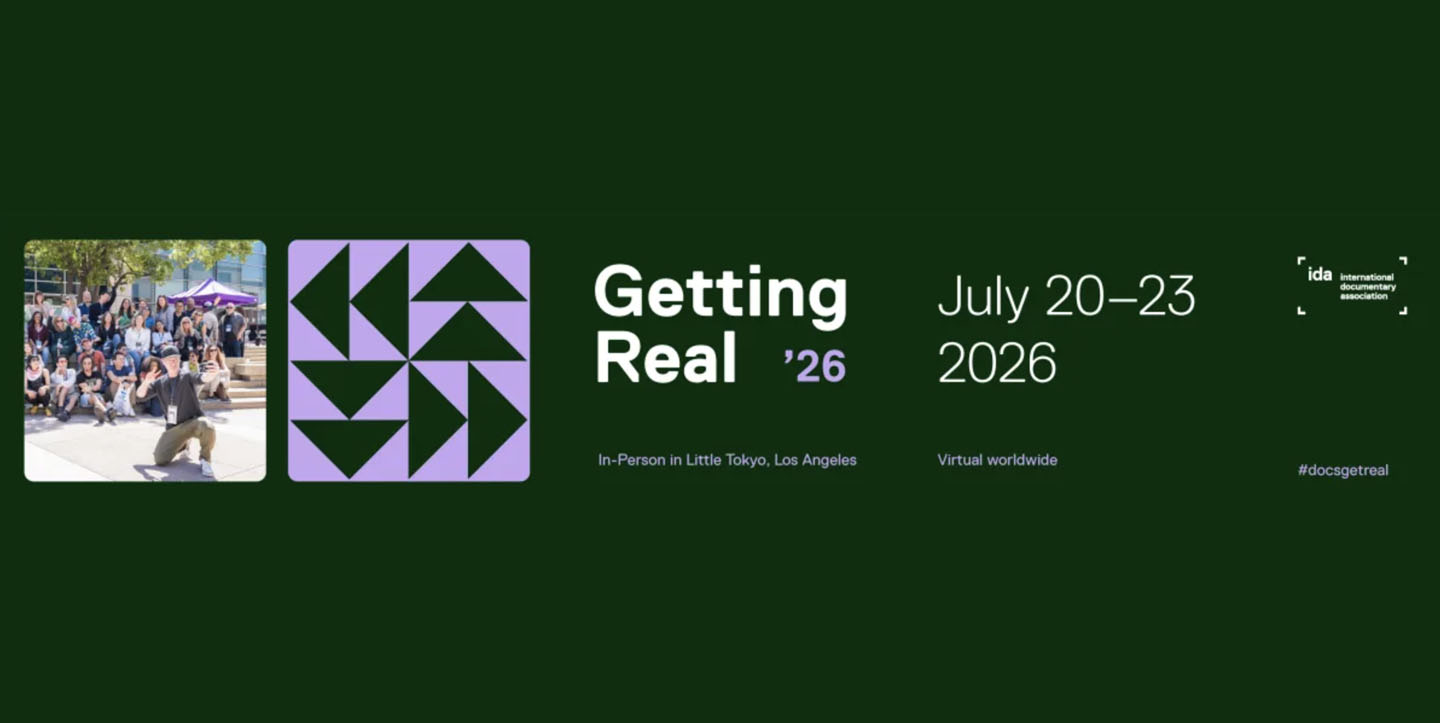 International Documentary Association Getting Real ’26 logo and event information displayed on a dark green background.