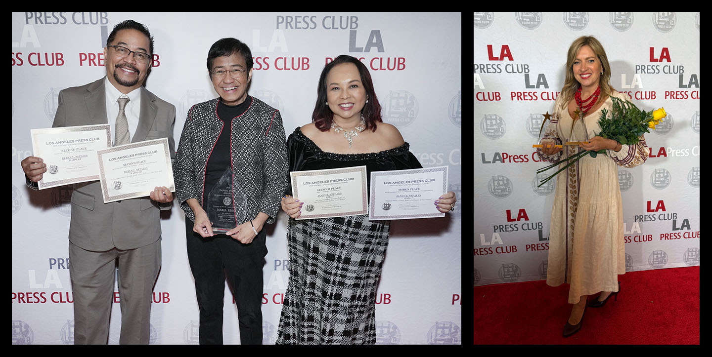 Janet R. Nepales and Ruben V. Nepales pose with fellow journalist Maria Ressa, recipient of the Daniel Pearl Award for Courage and Integrity in Journalism, at the 68th Southern California Journalism Awards.