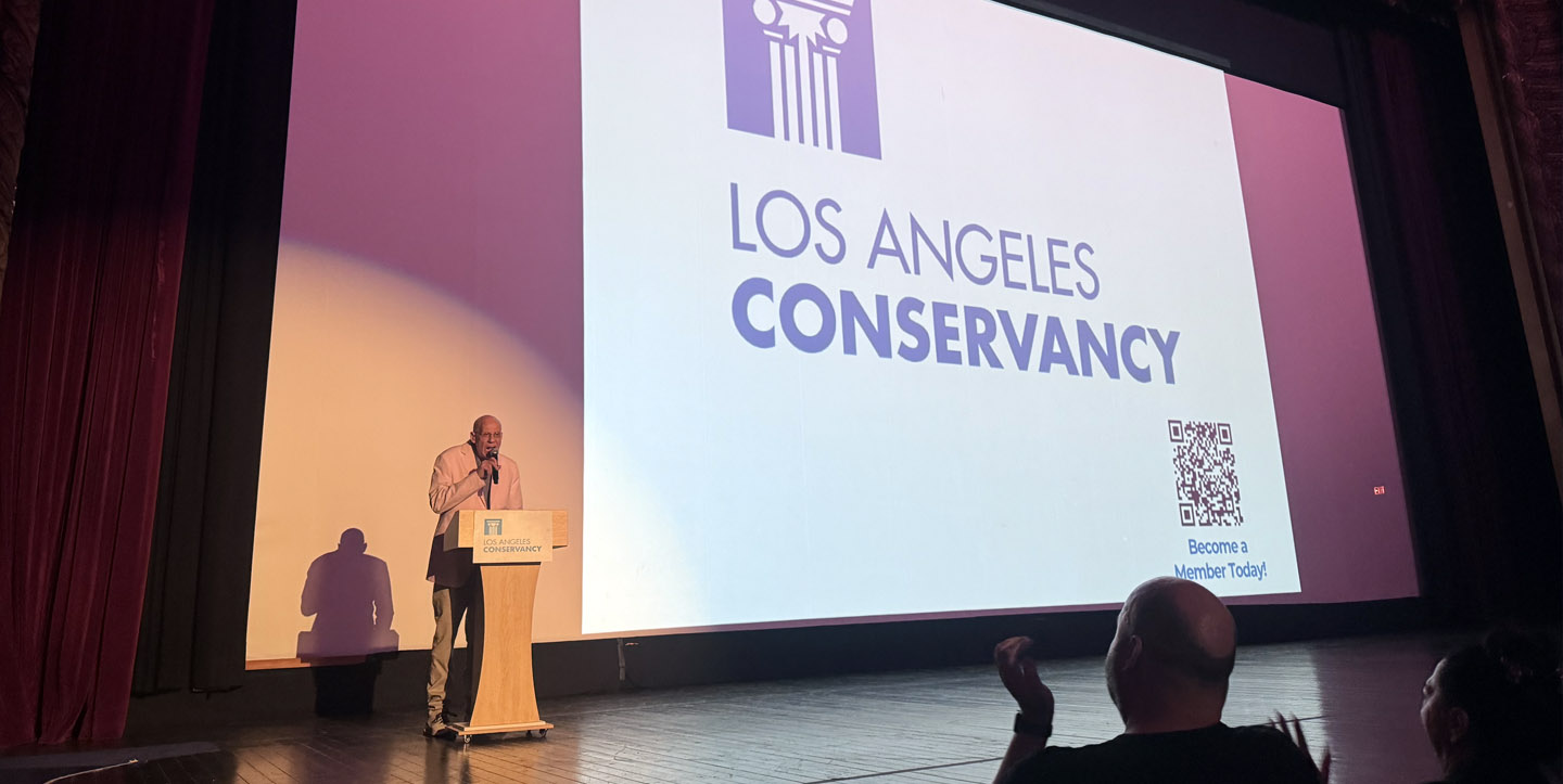 Author James Ellroy speaks on stage at the Los Angeles Theatre before a screening of "L.A. Confidential" during Last Remaining Seats.